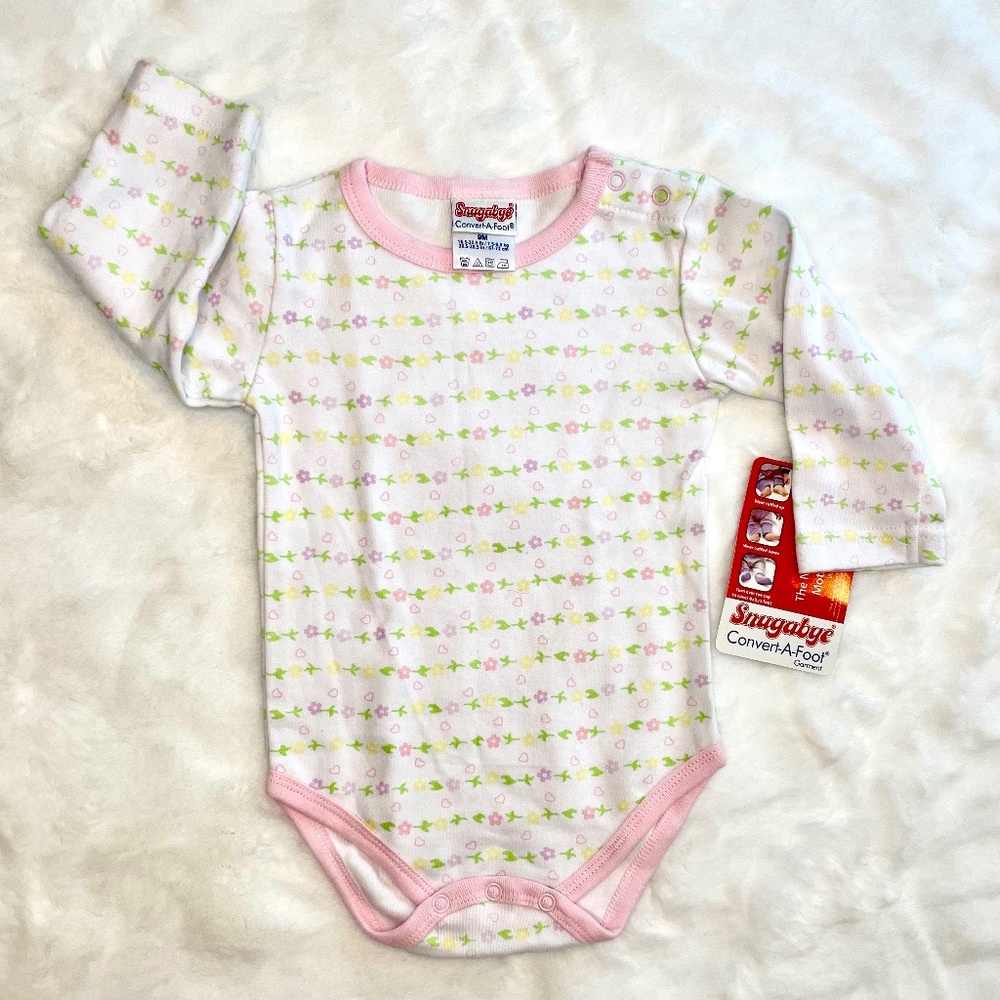Snugabye Long Sleeve Onesie White & Pink Purple Hearts & Flowers 9M - NWT